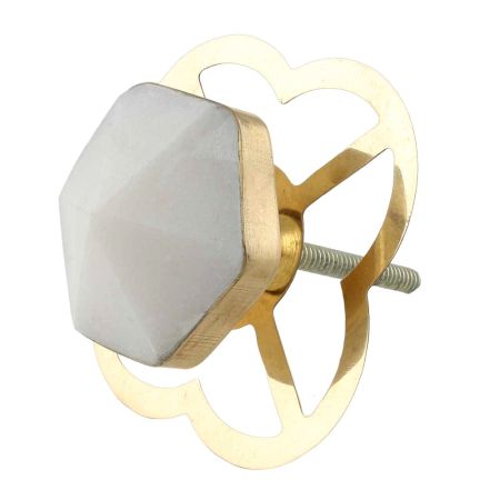 White Hexagon Stone Cabinet Brass Knobs